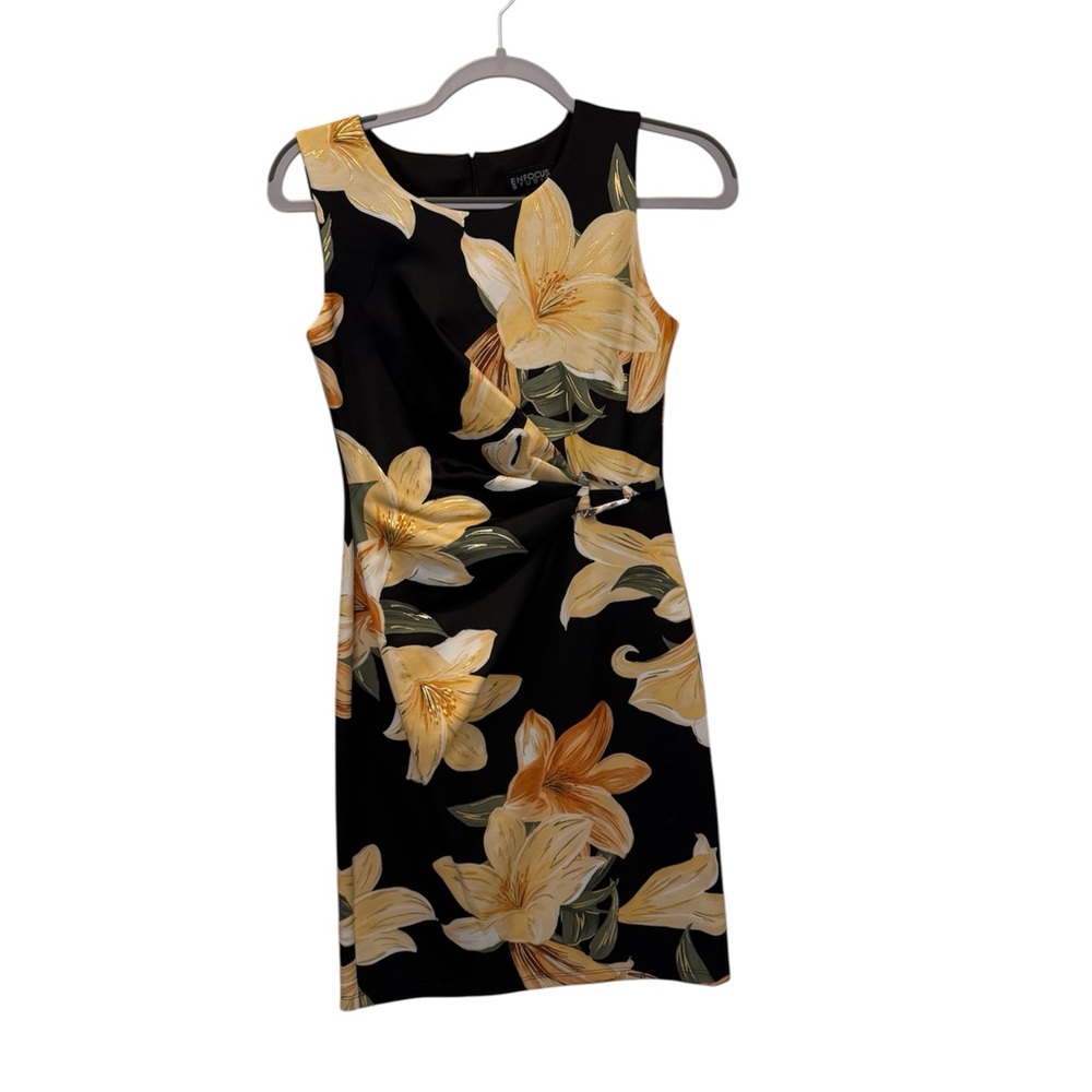 Enfocus Studio Black Midi Dress with Yellow Floral Print